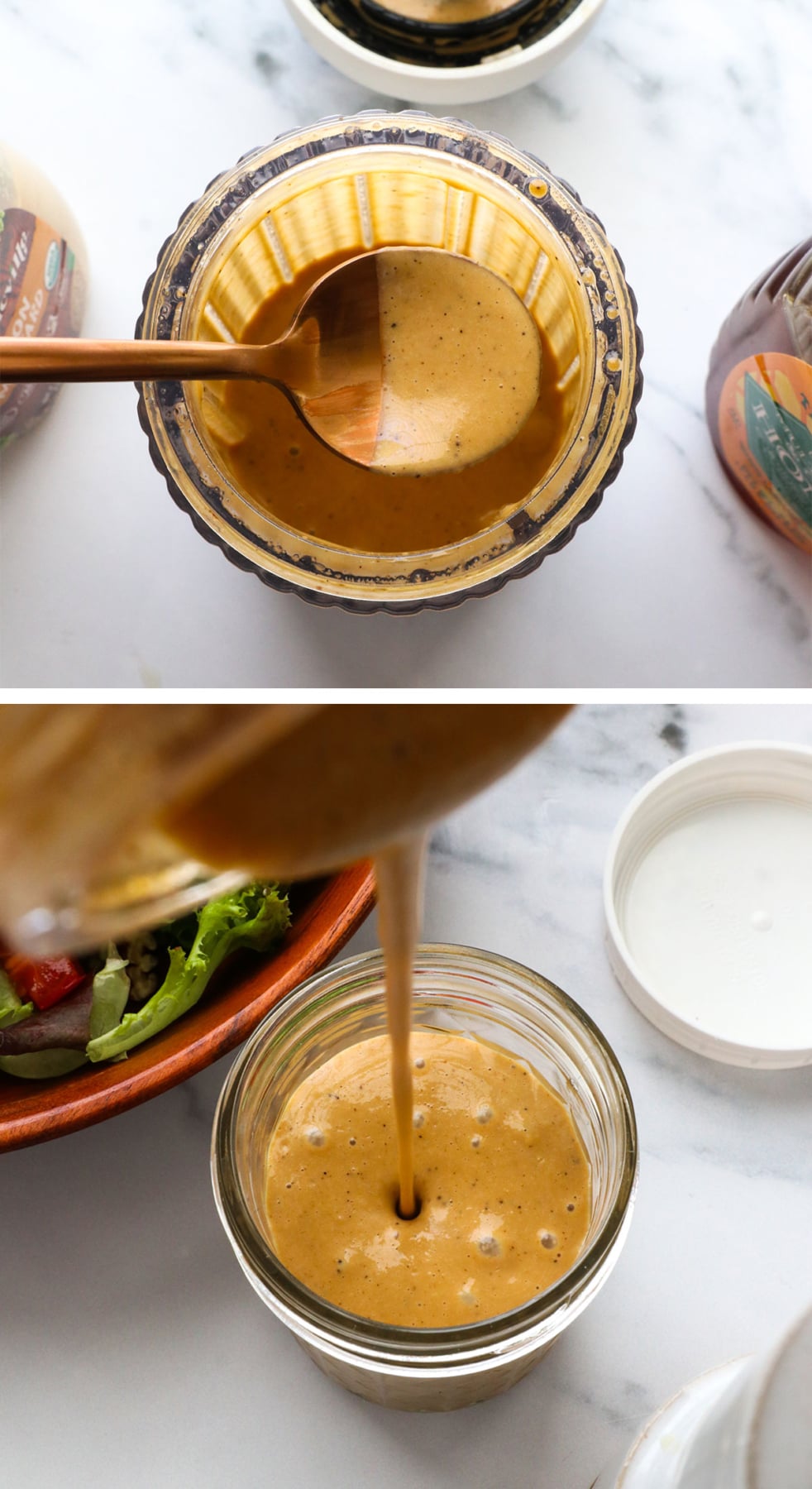 honey balsamic dressing blended until smooth and creamy and poured into a jar.