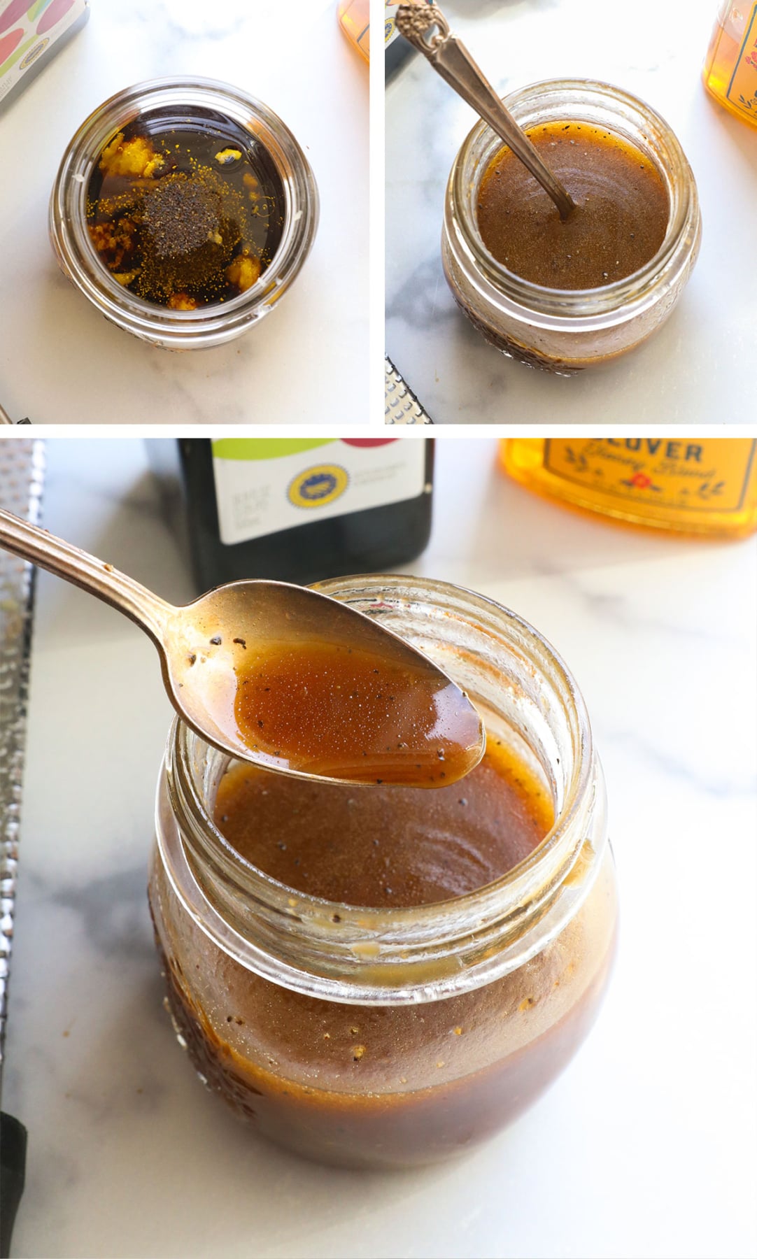 honey balsamic dressing stirred in mason jar.