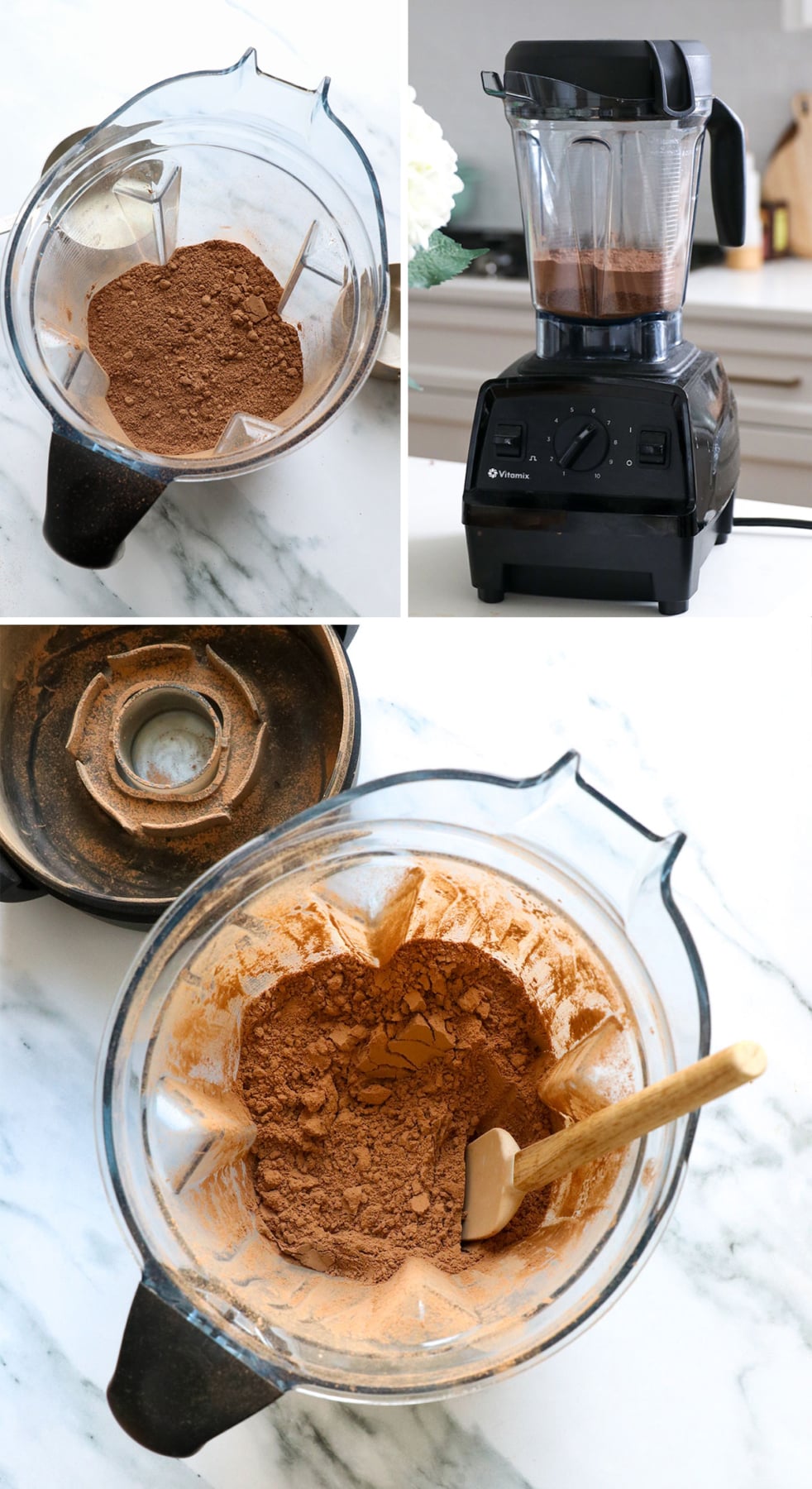hot cocoa mix blended together in a blender pitcher.