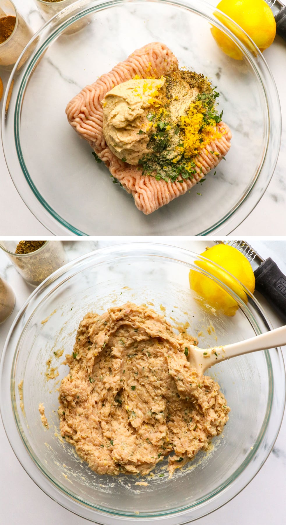 ground chicken mixed with hummus and spices mixed in a bowl. 