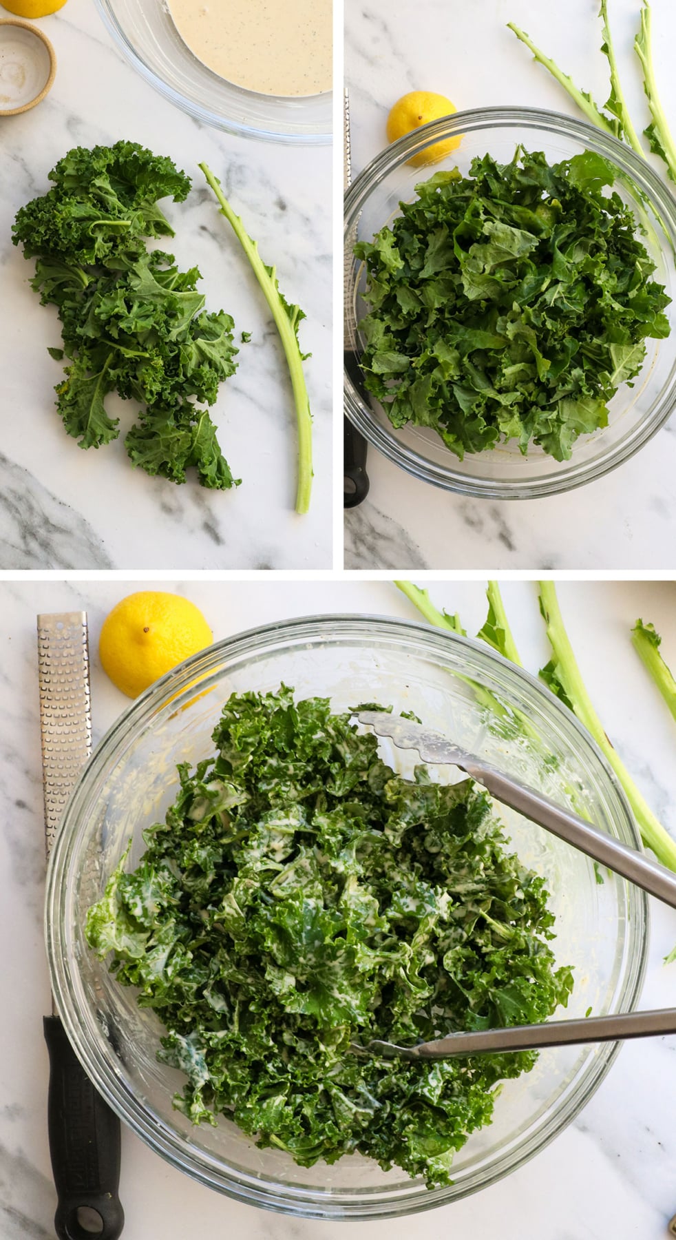 kale stem removed and torn into bowl of dressing.