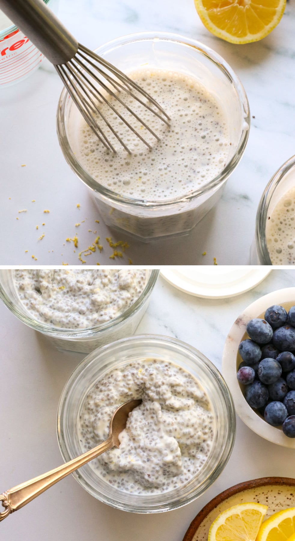 whisk stirring the chia pudding and showing the thickened texture.