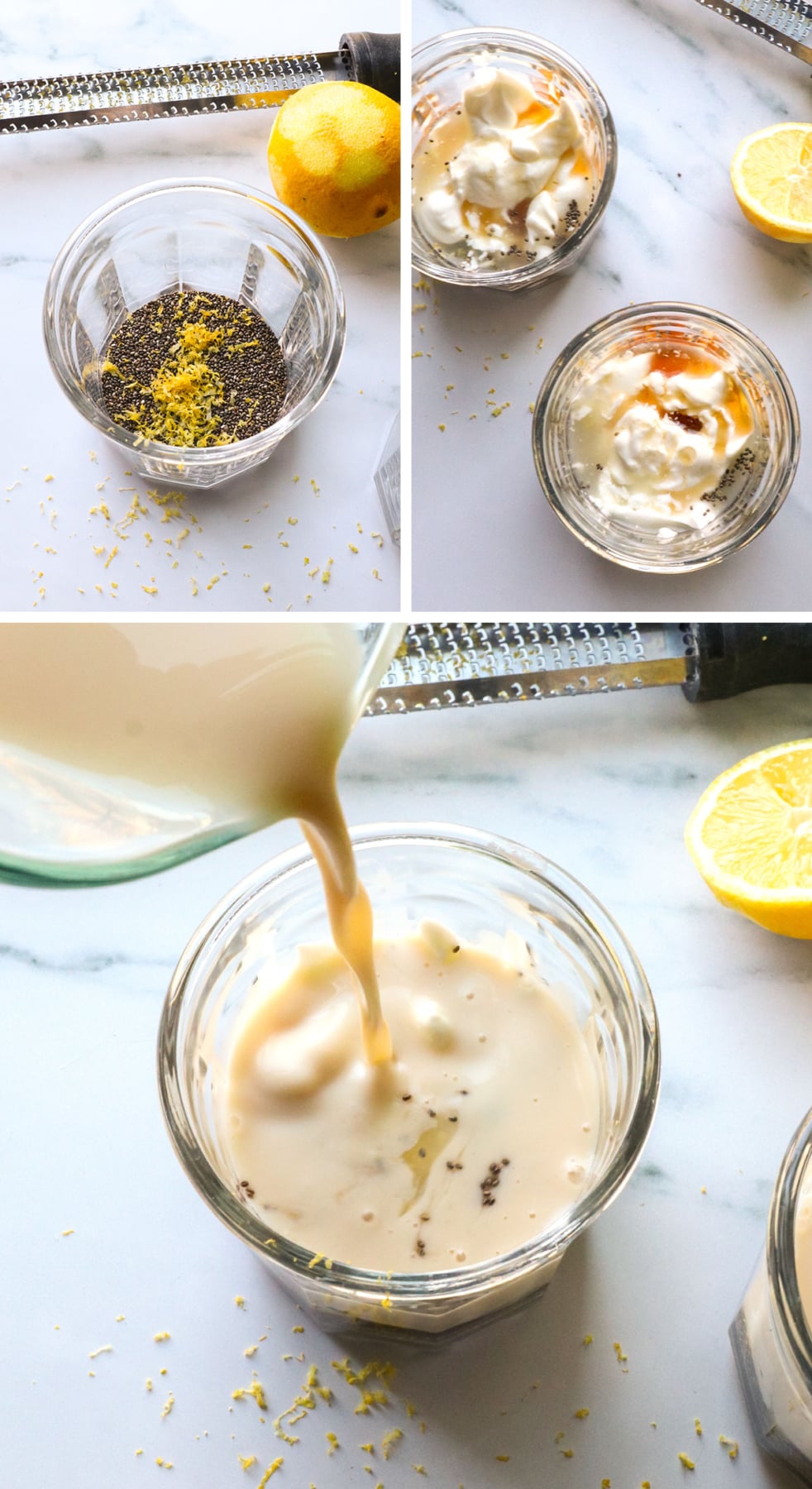 chia seeds mixed with lemon zest, yogurt, and milk.