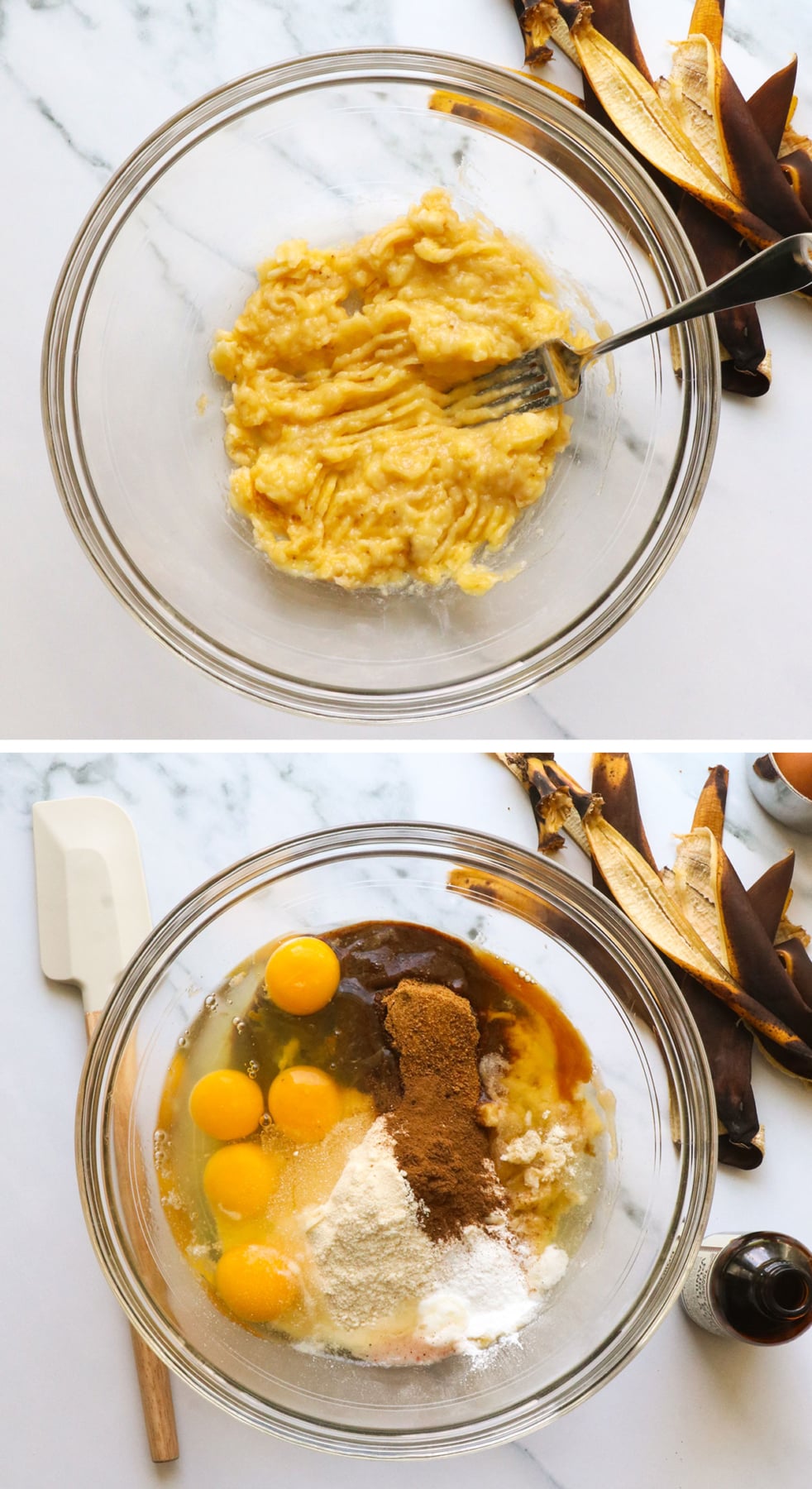 mashed banana in a bowl and the rest of the ingredients added.