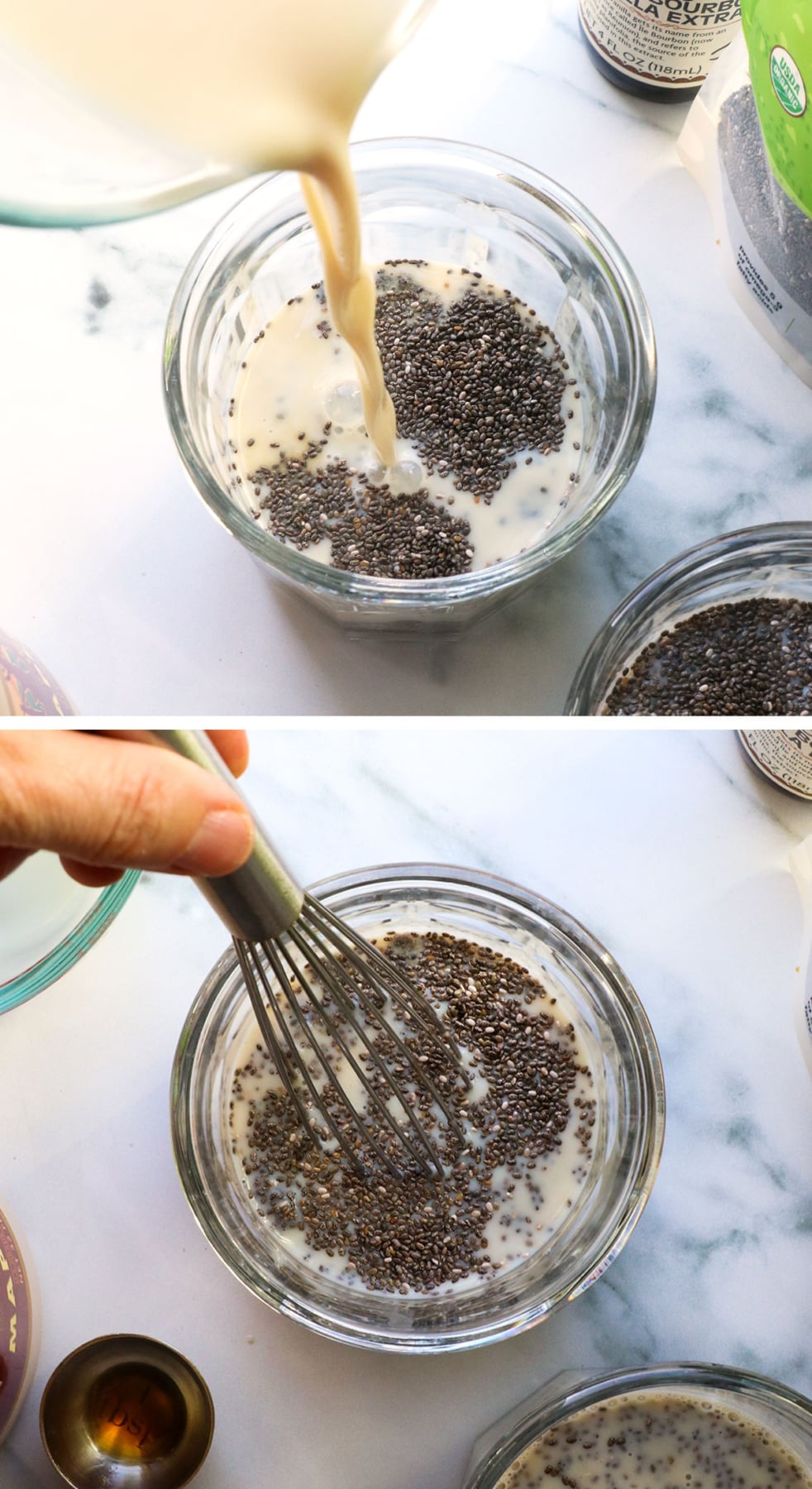 chia seeds and milk added to a glass jar and stirred with a whisk.