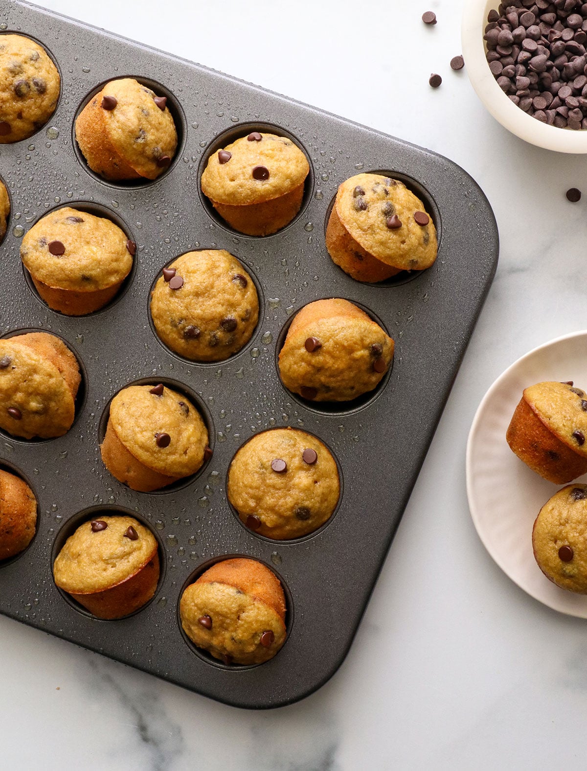 mini chocolate chip muffins cooling in the muffin pan.
