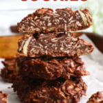 Paleo no bake cookies stacked and labeled for Pinterest.