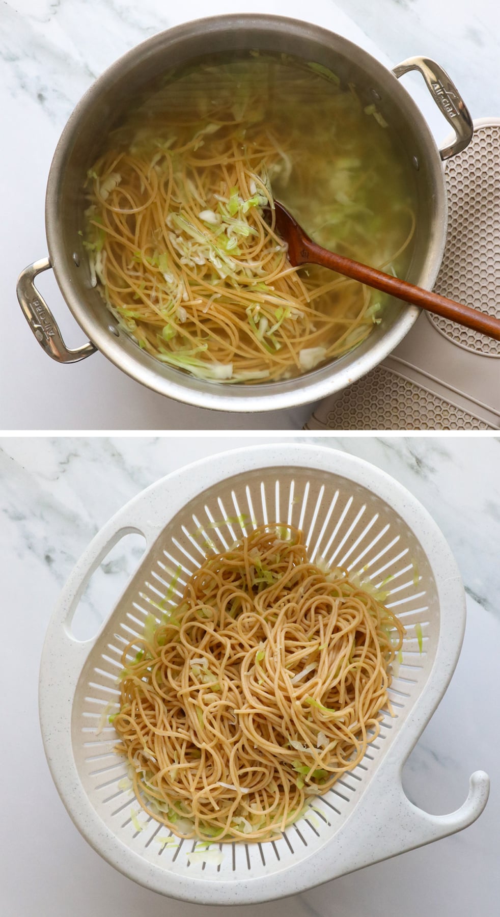 shredded cabbage cooked with spaghetti noodles and drained.