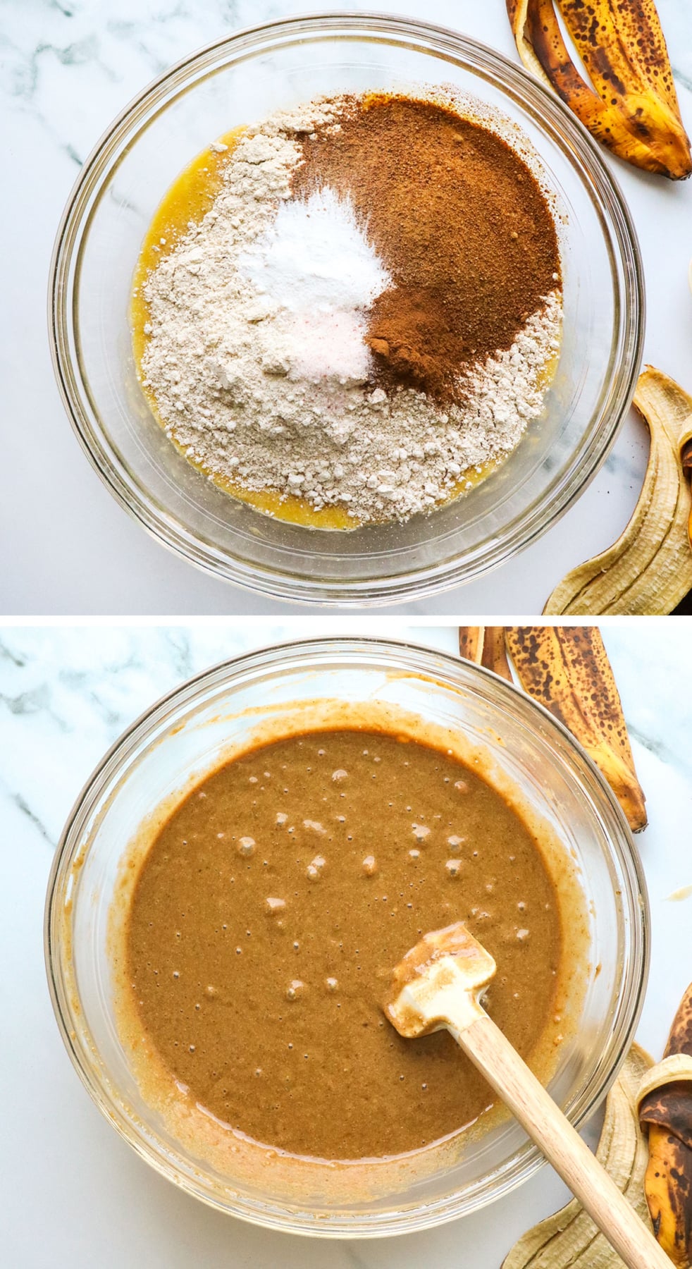 dry ingredients added to banana bread batter and mixed well.