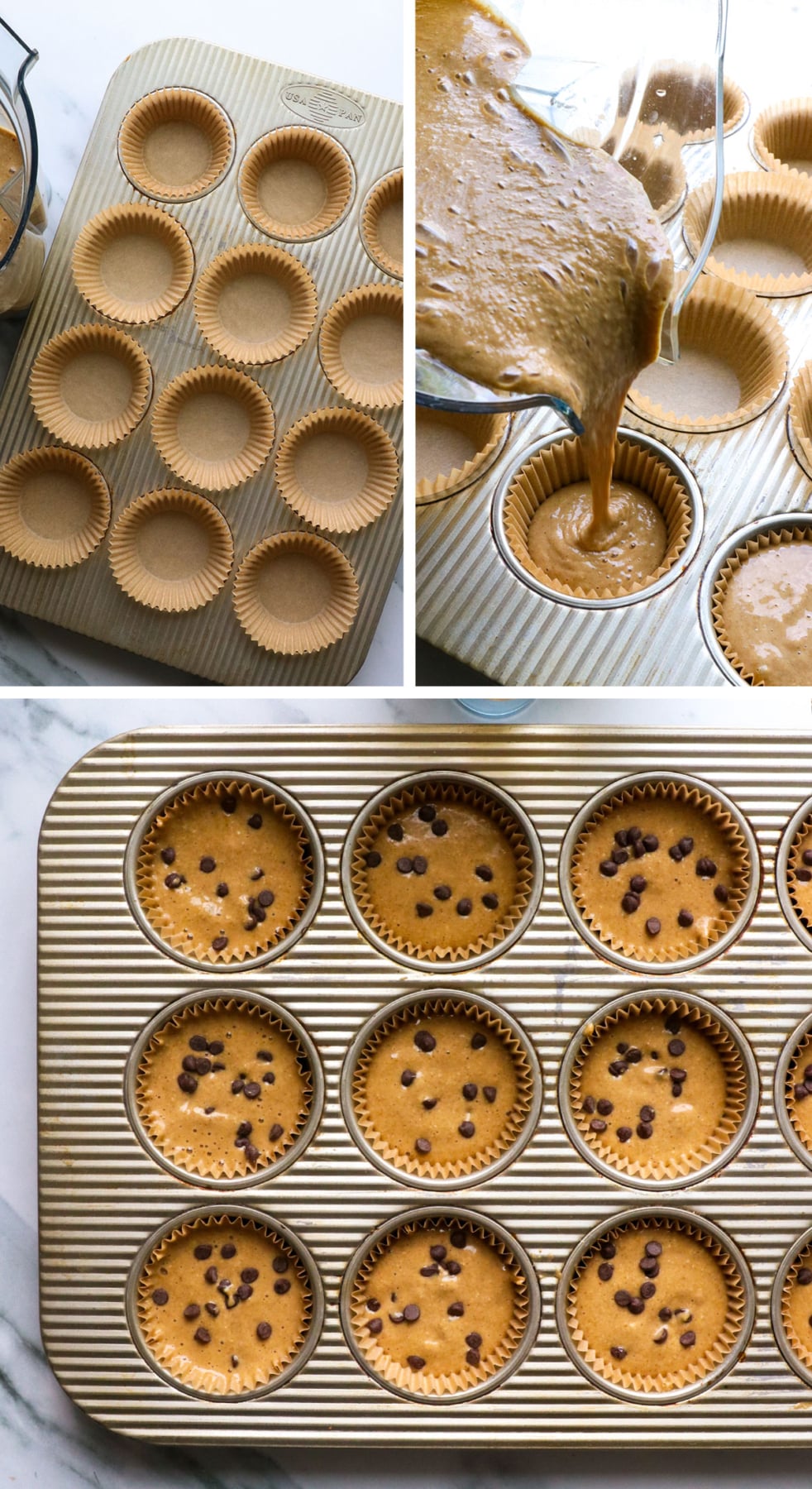 batter poured into muffin pan and topped with chocolate chips.
