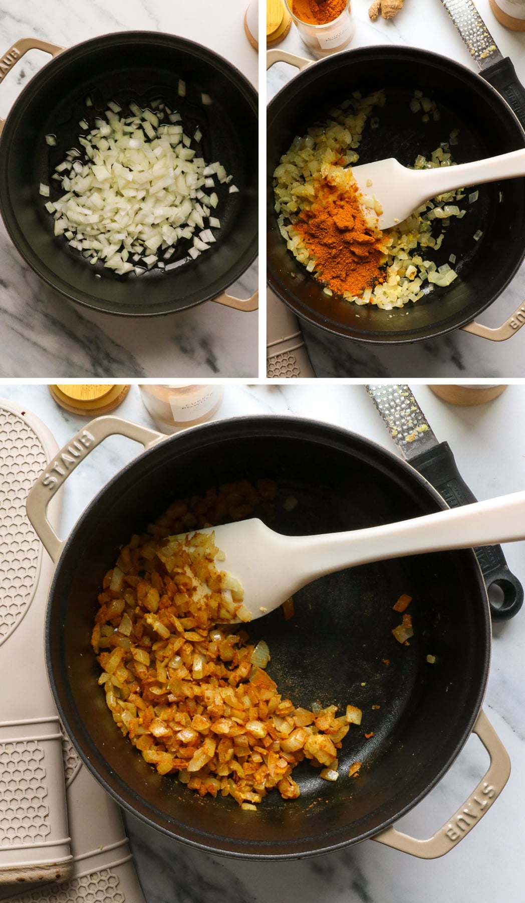 onions cooked in a pot with curry powder.