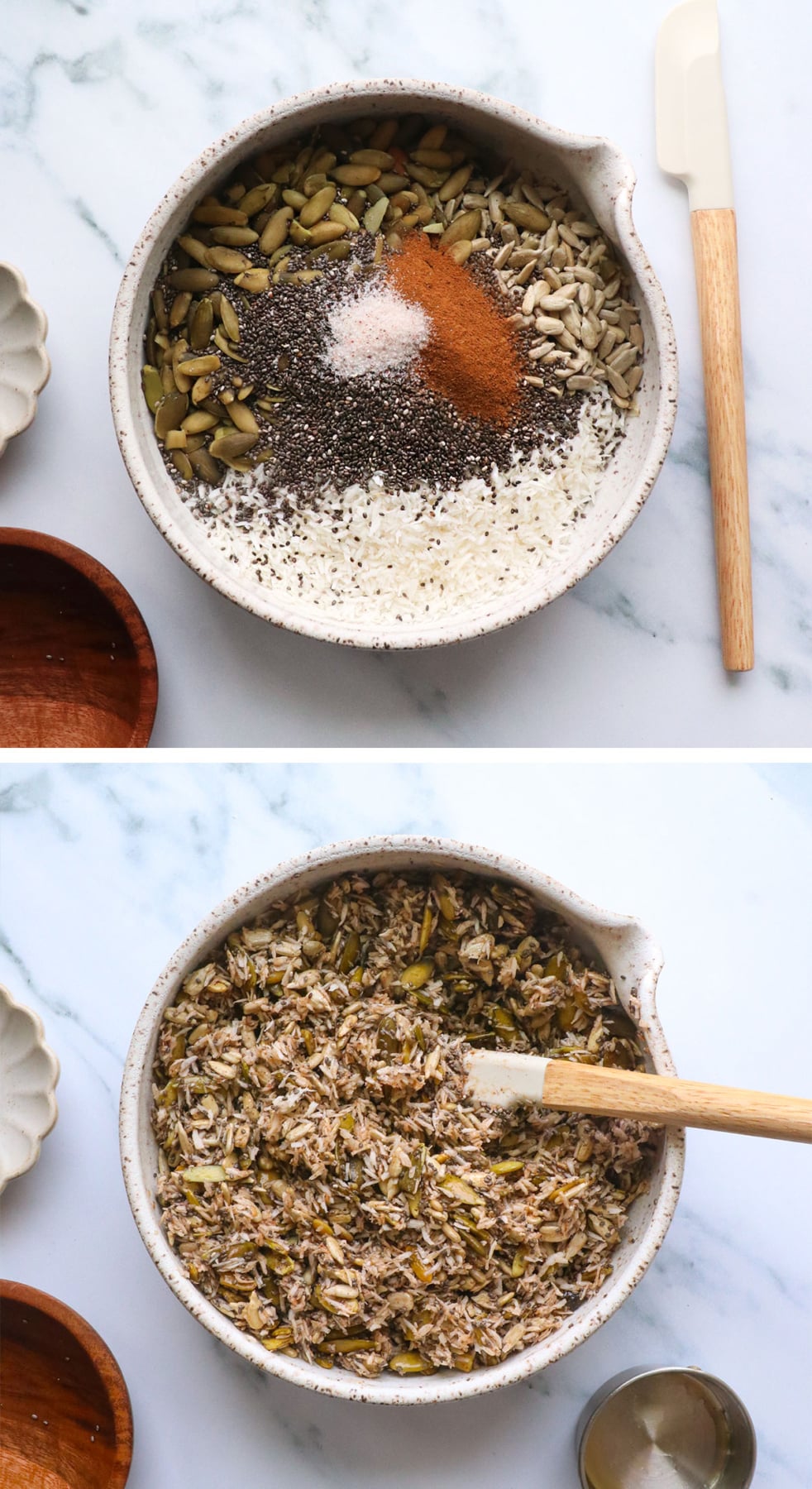seeds mixed together with maple syrup in a white mixing bowl.