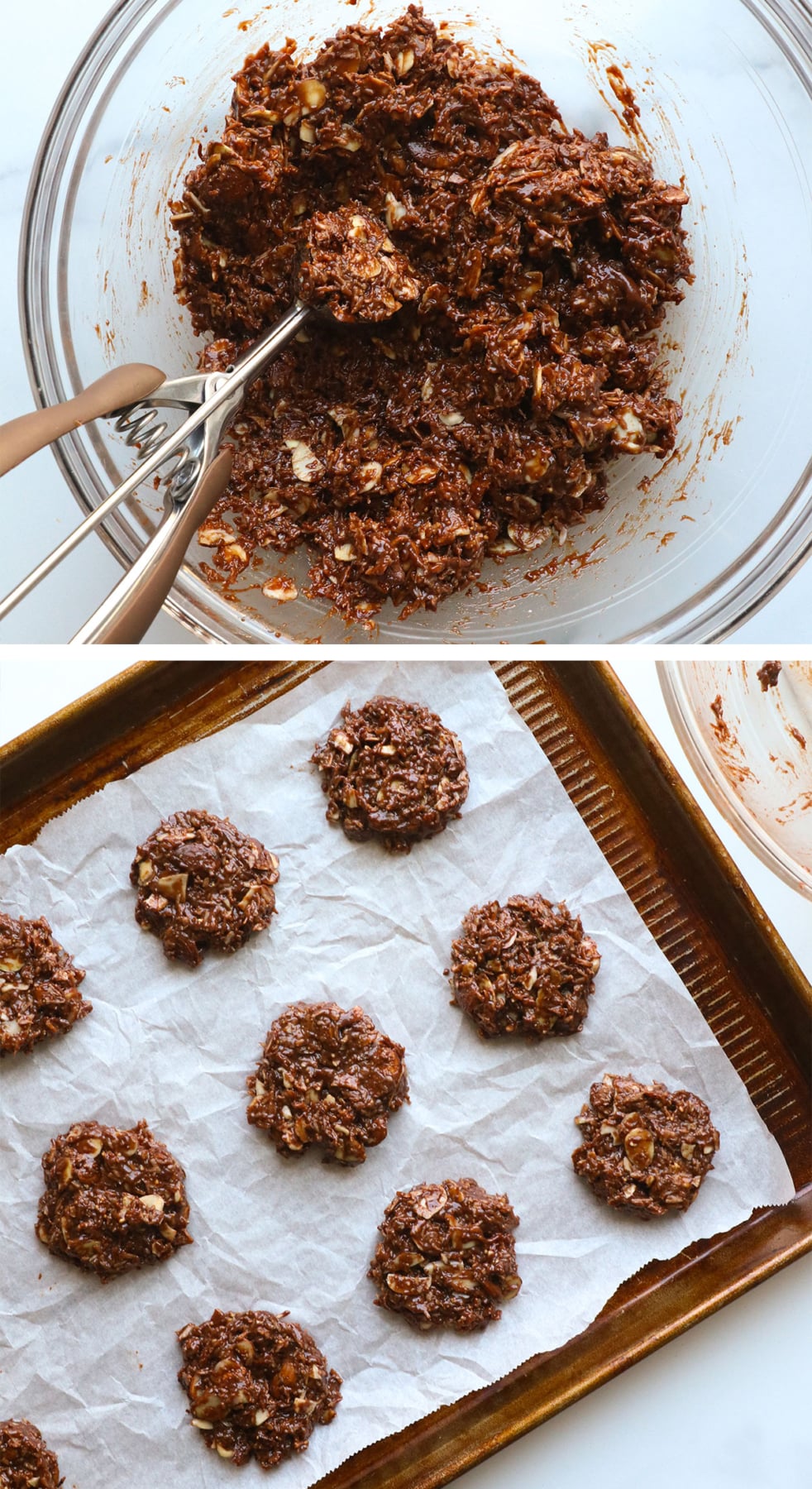 no bake paleo cookies flattened on a lined pan.