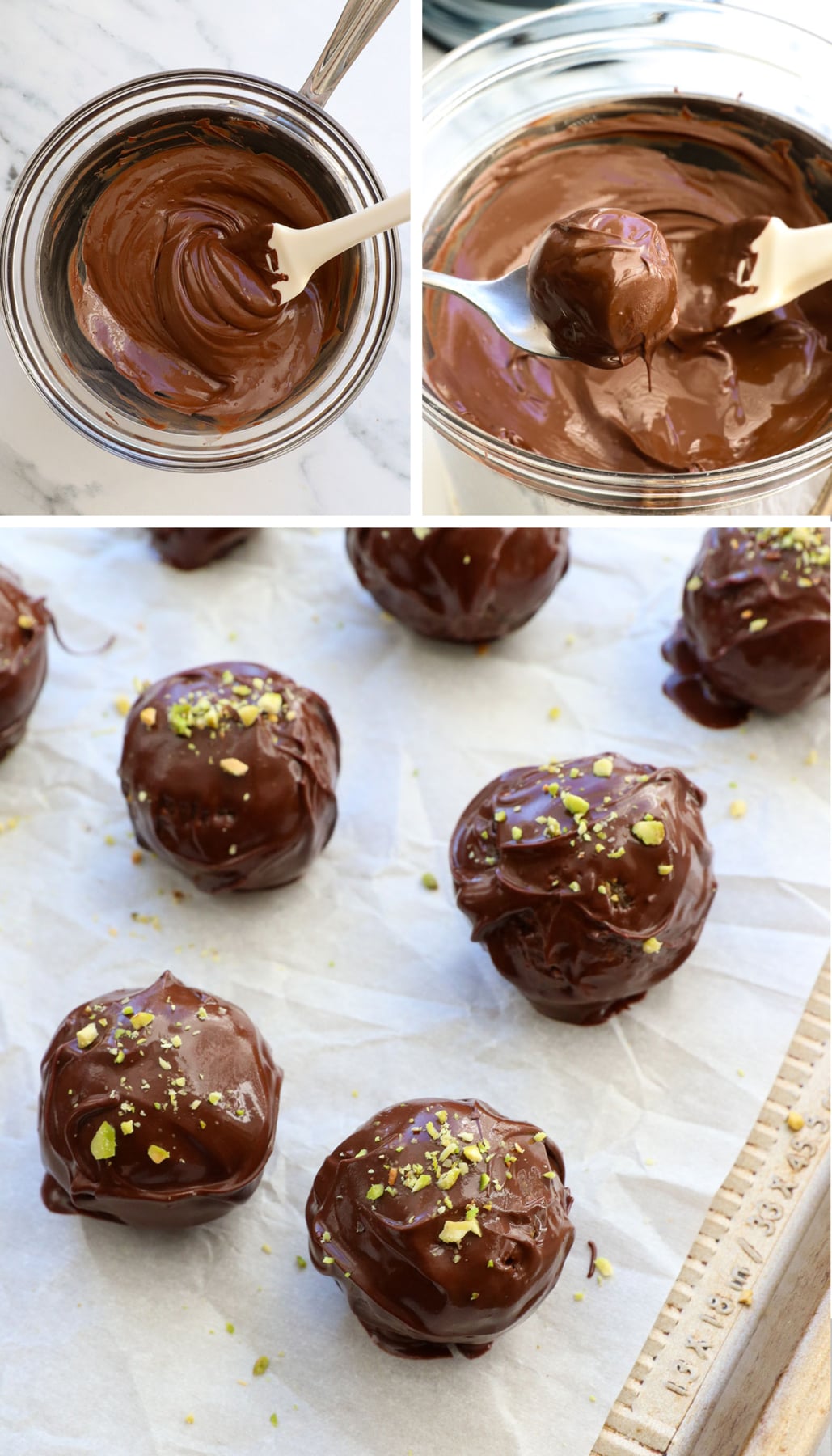 pistachio date balls rolled in melted dark chocolate.