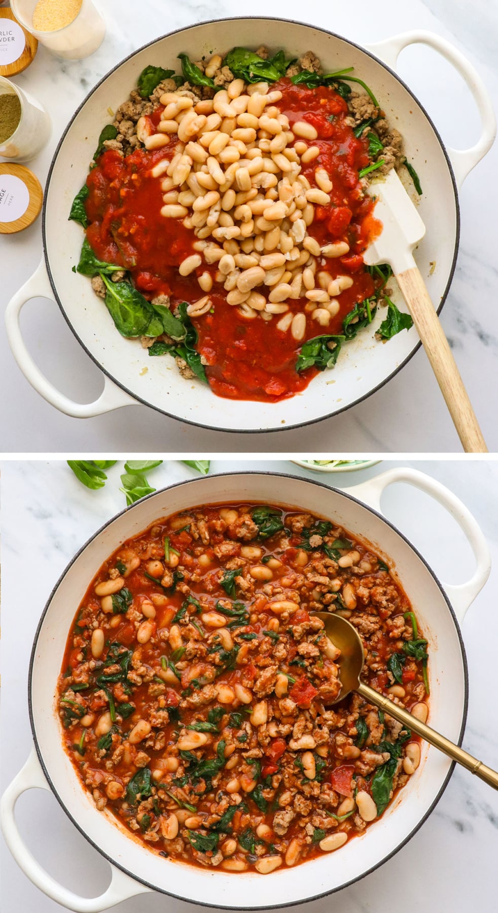 white beans and marinara sauce added to pan with ground turkey.