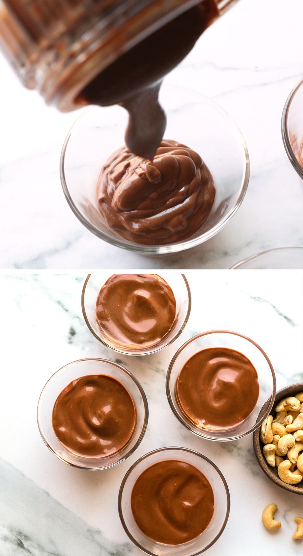 chocolate pots de creme mixture added to 4 glass bowls.