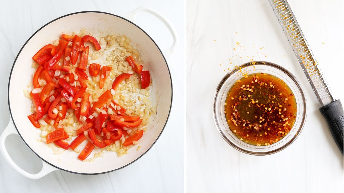 sauteed peppers and onions next to bowl of sauce.