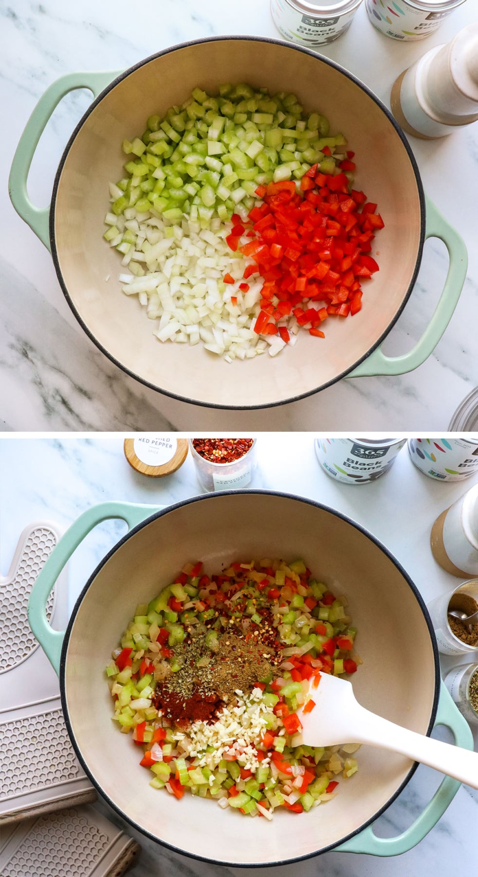 onion, carrot and celery sauteed in a pot with spices added.