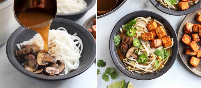 broth served over noodles with toppings