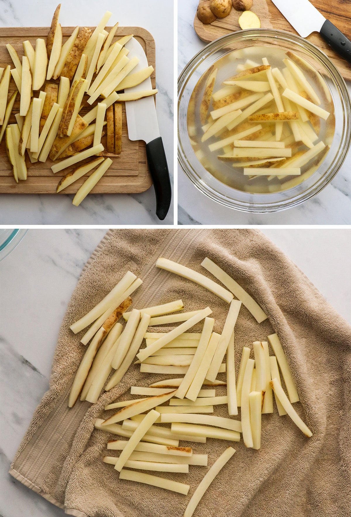 potatoes sliced for fries and soaked in water, then dried on a towel.