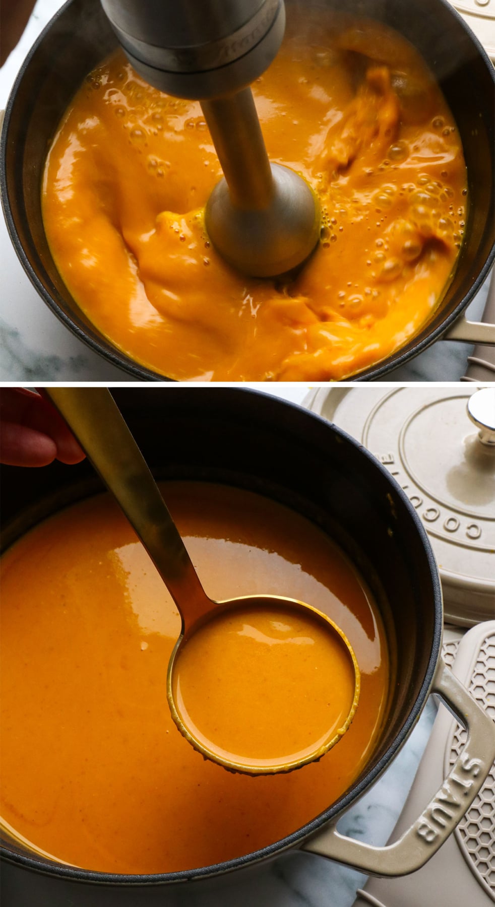 pumpkin curry soup blended and lifted on a ladle.