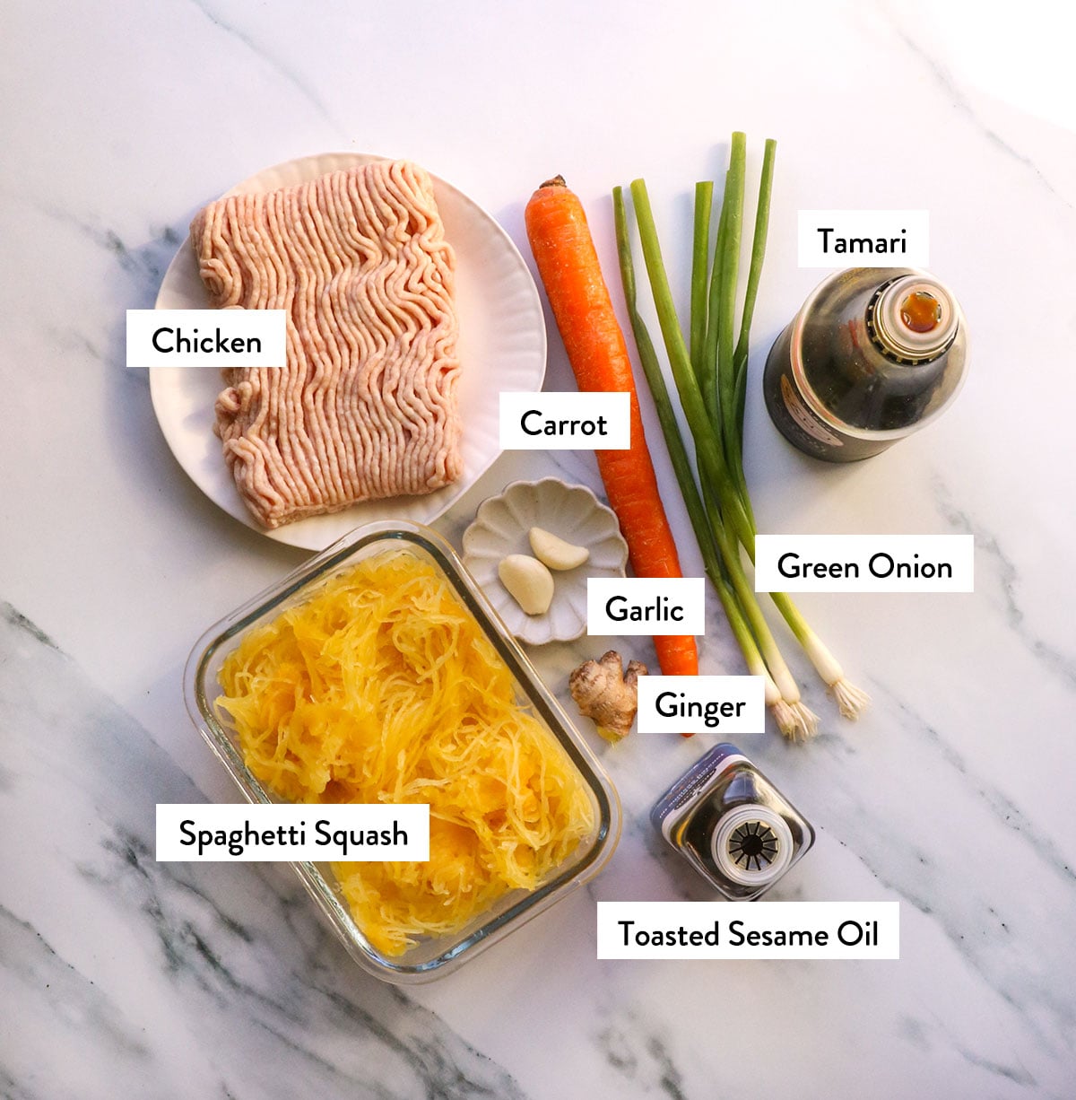 ground chicken, spaghetti squash, carrot, green onion, tamari, and garlic labeled.