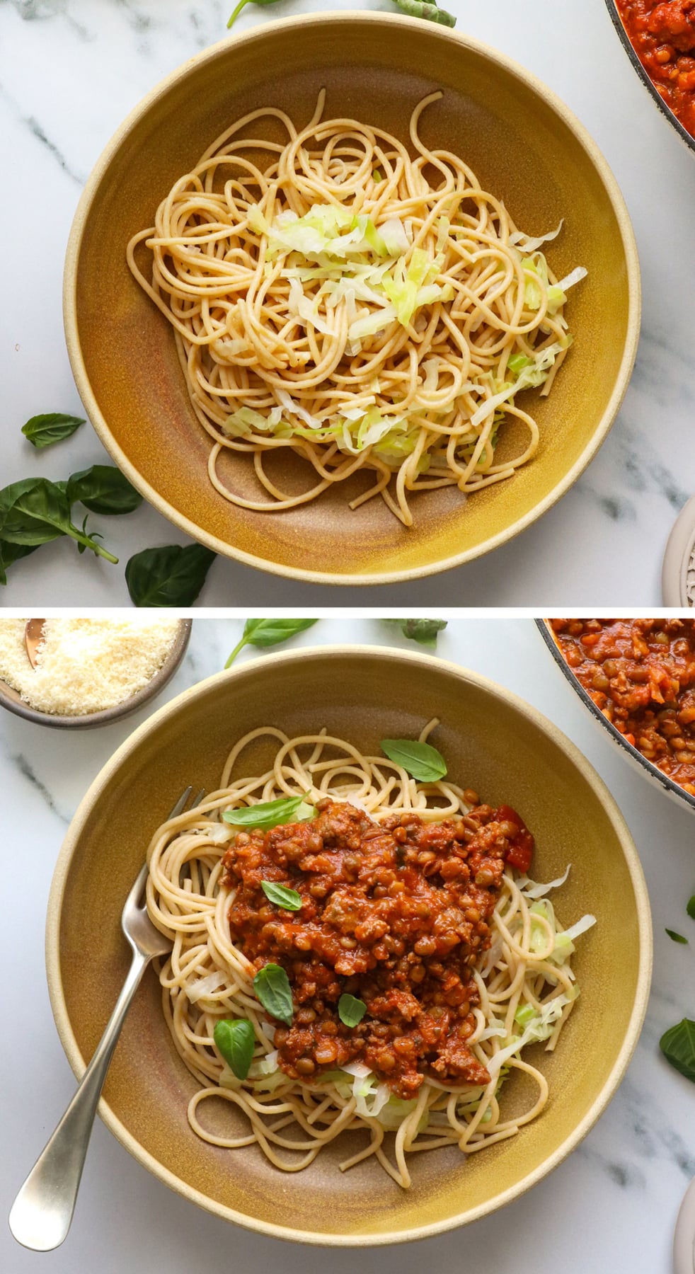 spaghetti with cabbage served with meat lentil sauce on top.