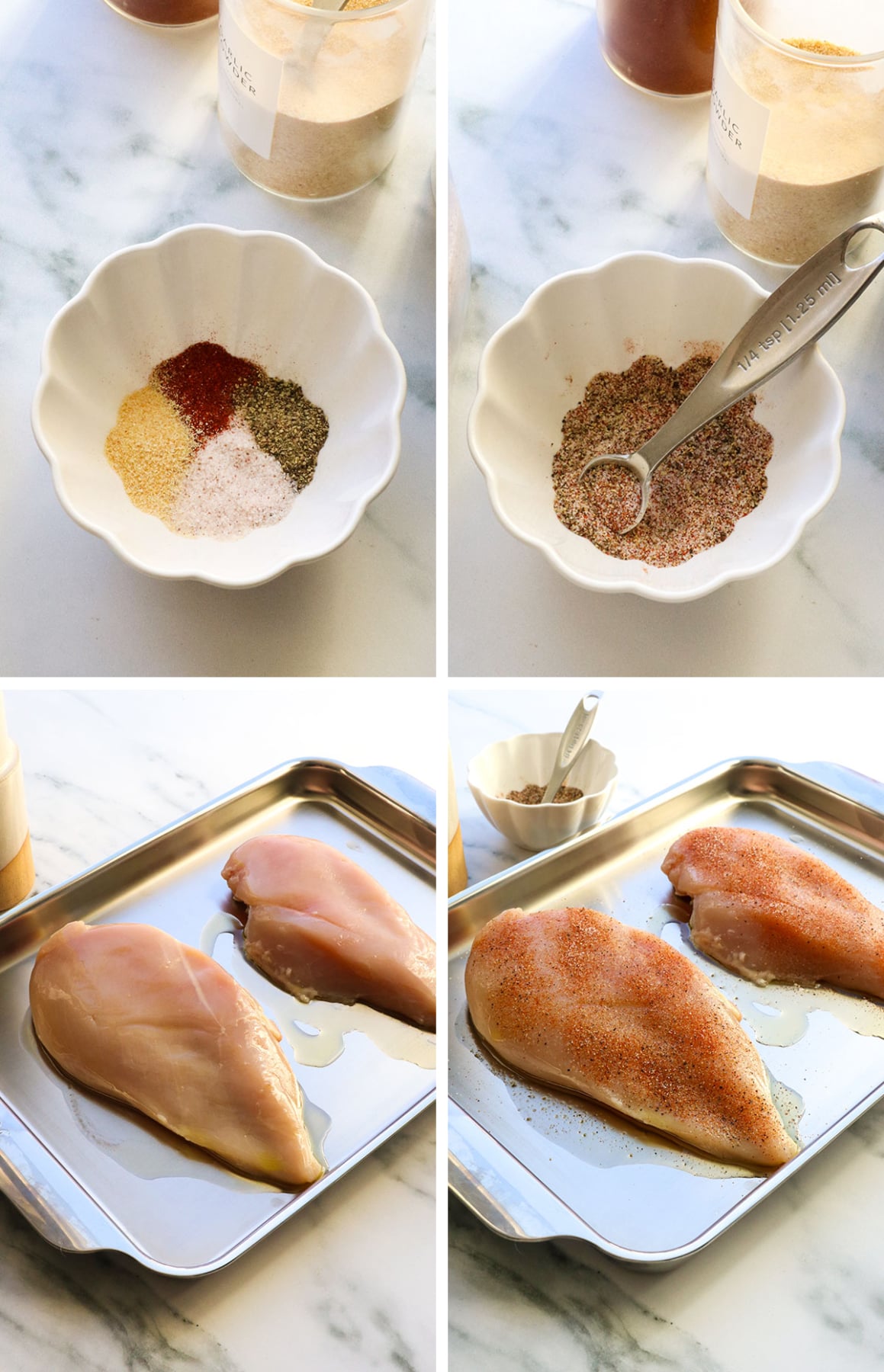seasoning mixed and sprinkled on the chicken breasts in a pan.
