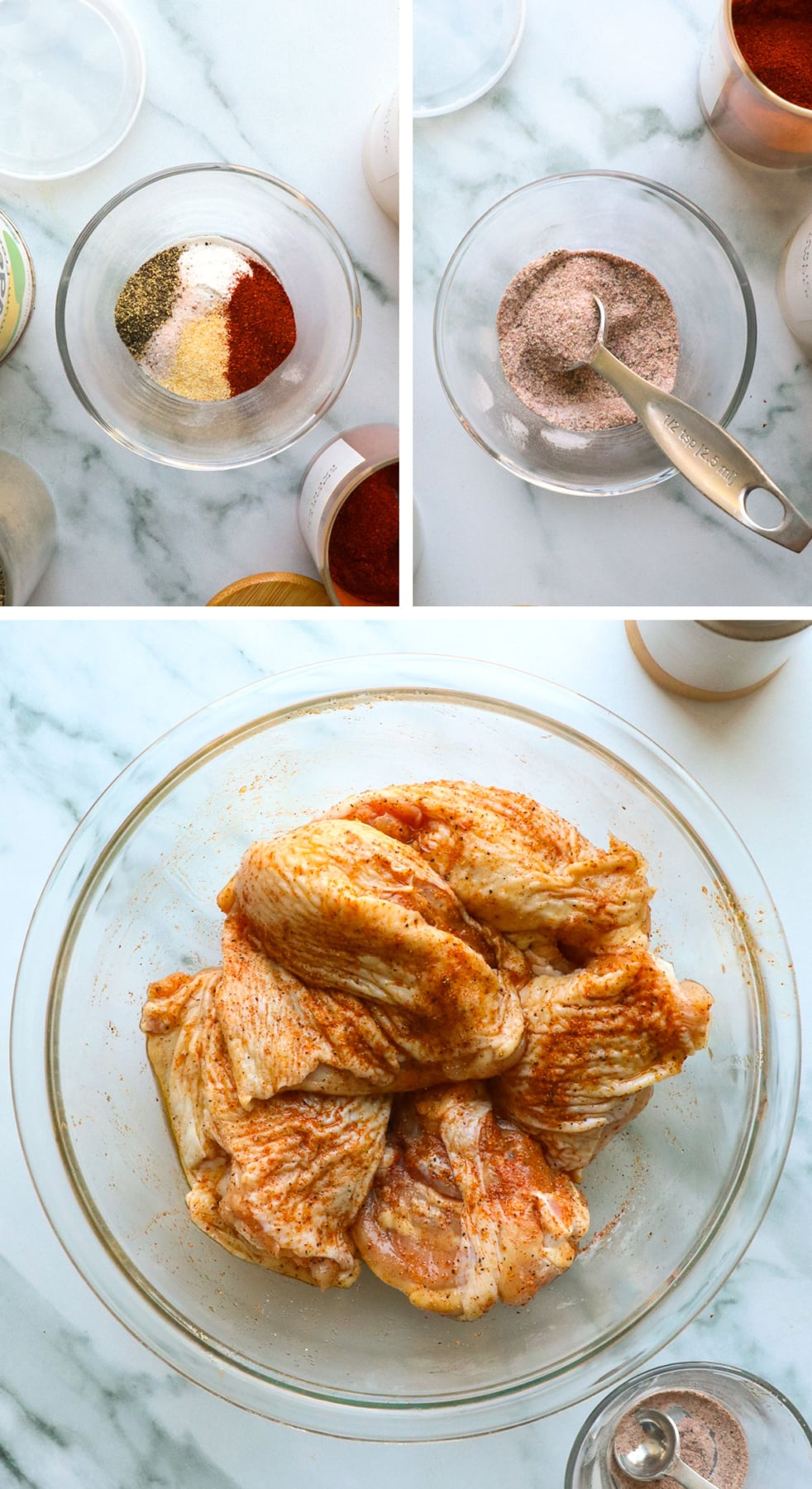 dry rub seasonings mixed together and rubbed into chicken thighs