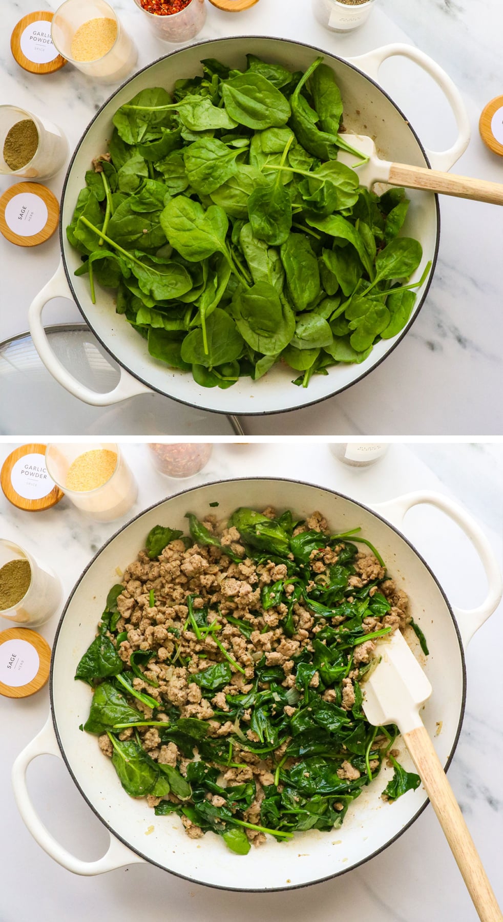fresh spinach wilted with ground turkey in the pan.