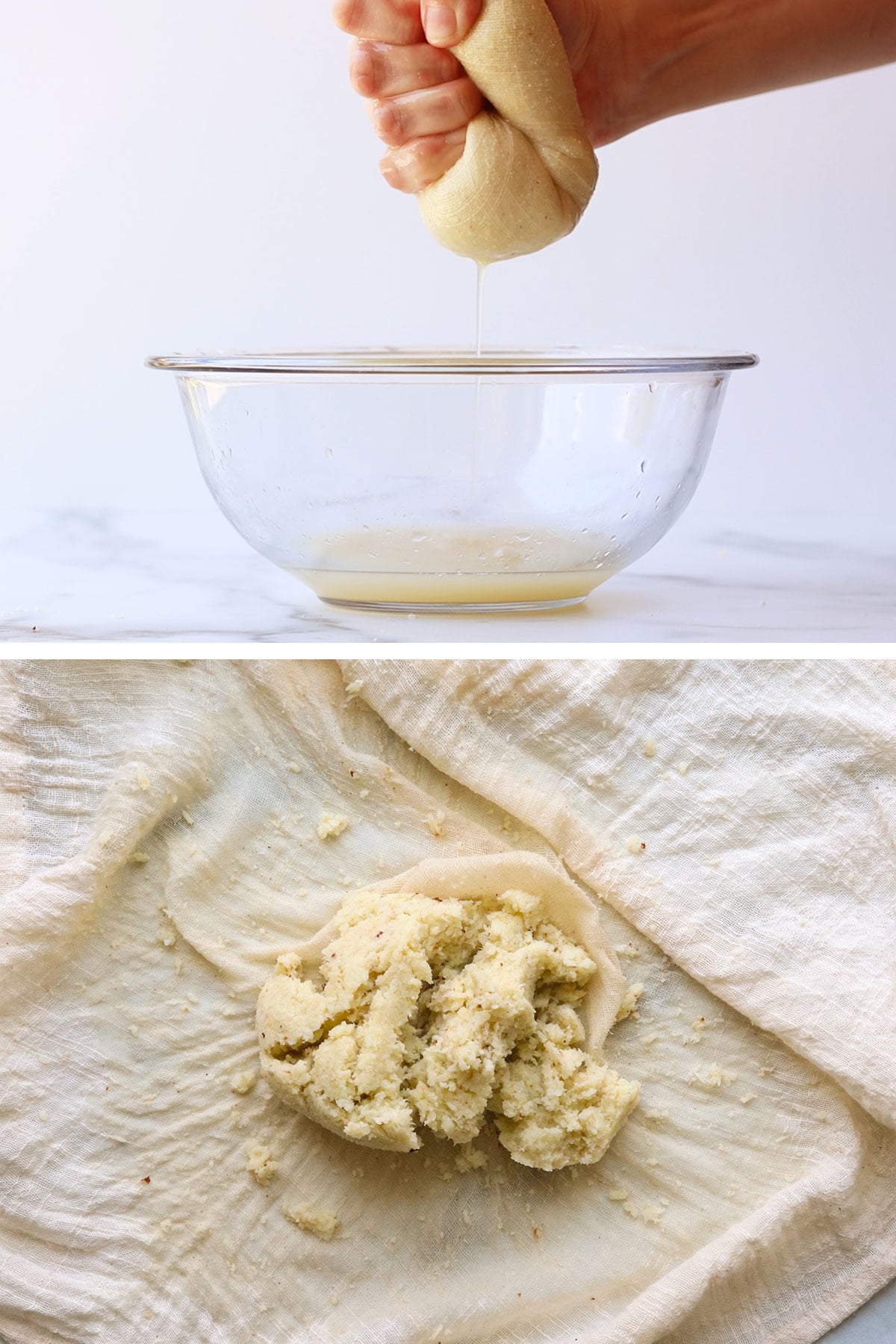 Cauliflower rice squeezed to remove moisture in dish towel.