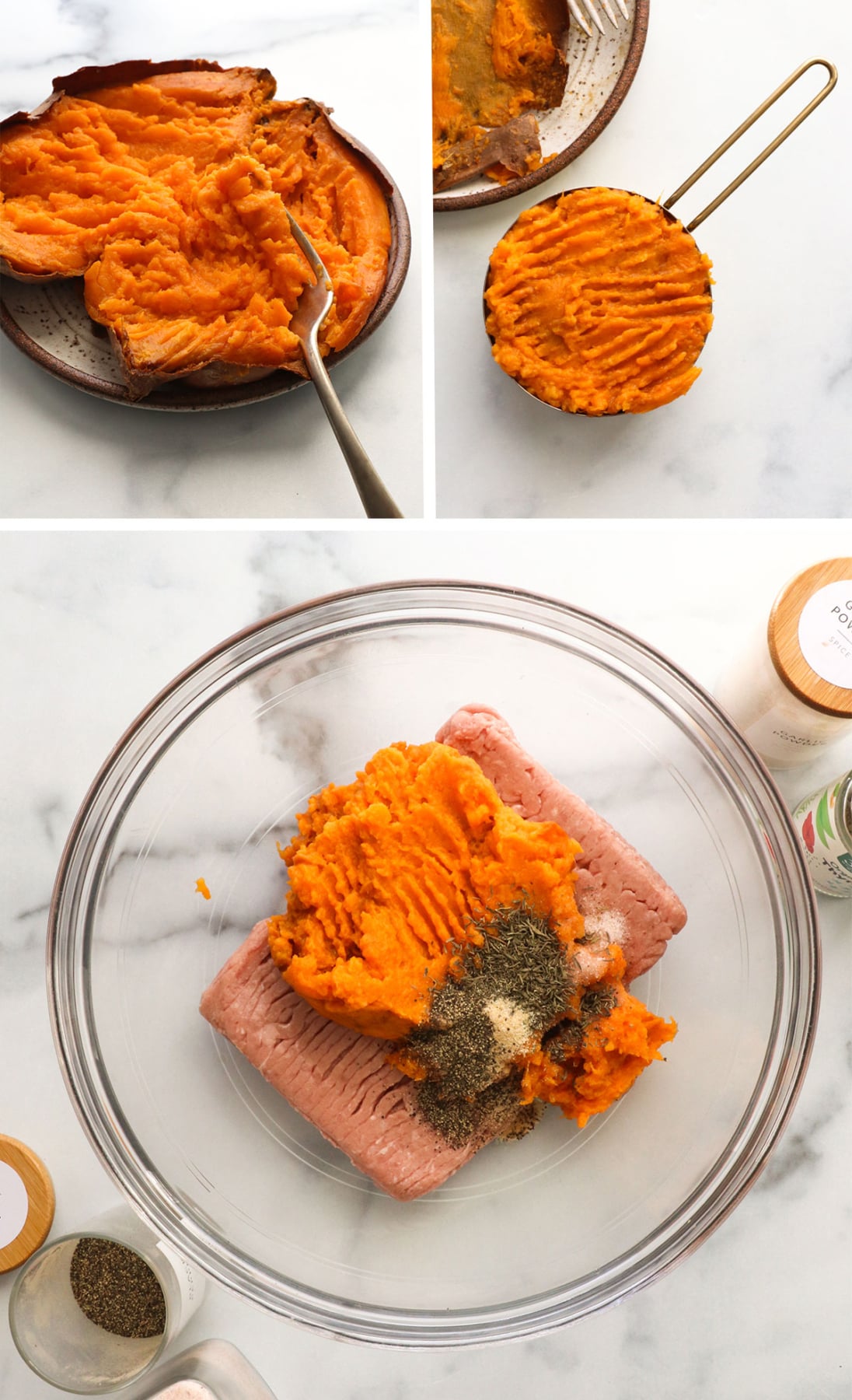 sweet potato mashed into a cup and added to a mixing bowl with turkey.