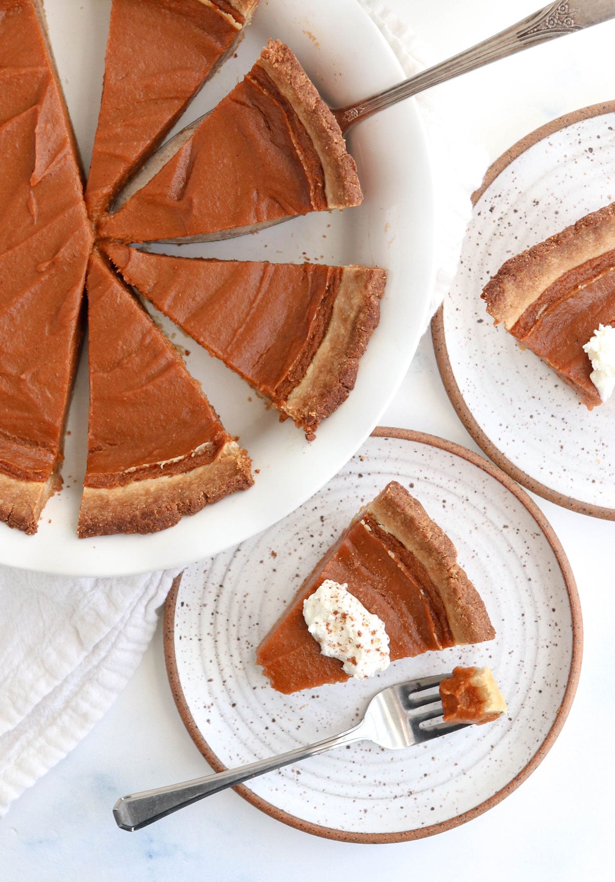sweet potato pie sliced in pan overhead