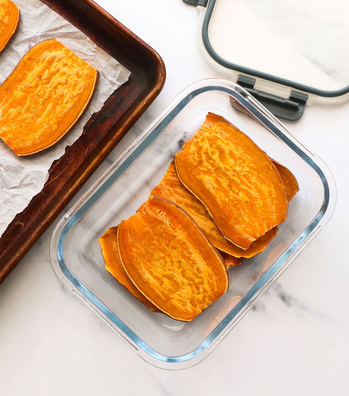baked sweet potato toast stored in an airtight container.