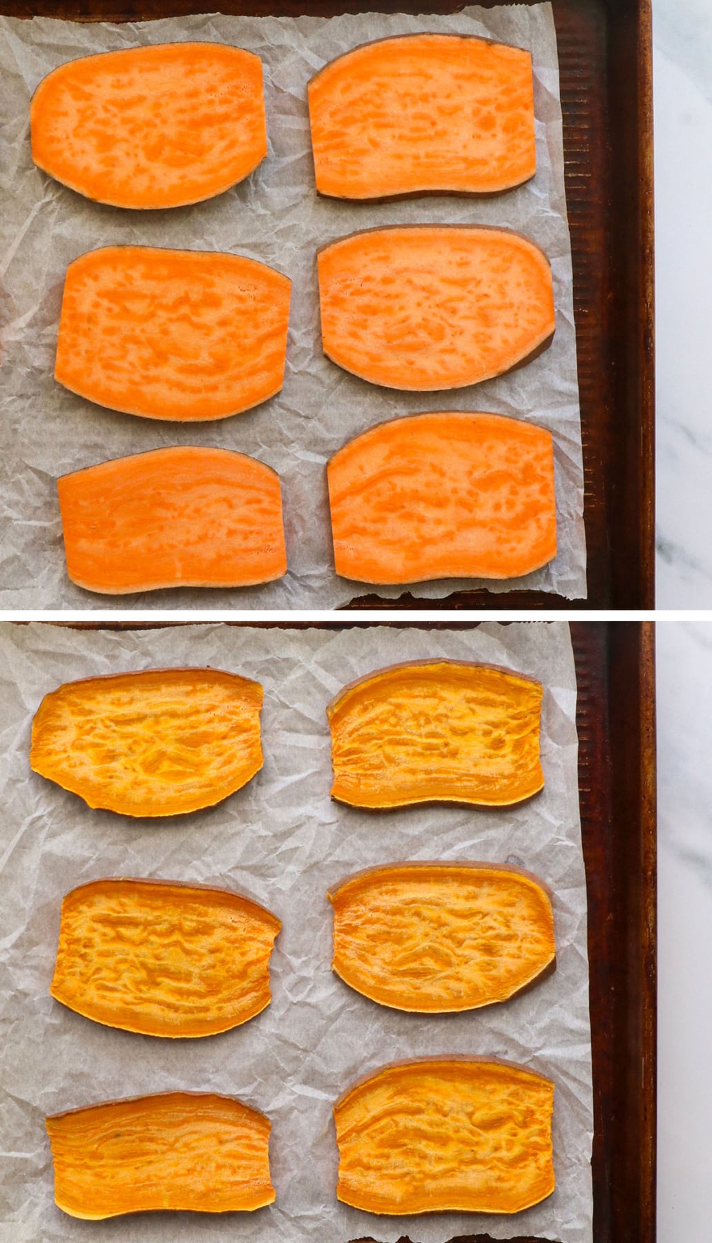 sweet potato slices before and after baking on a pan.