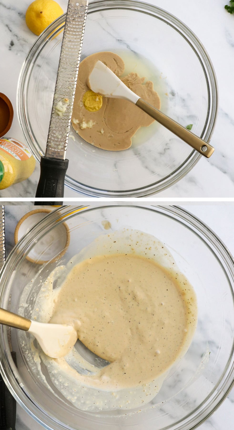tahini caesar dressing stirred in a glass bowl.