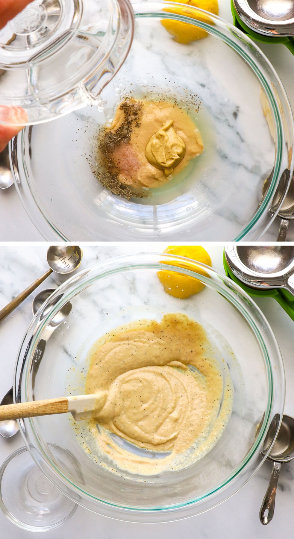 tahini dressing stirred together in a glass bowl for tuna salad.