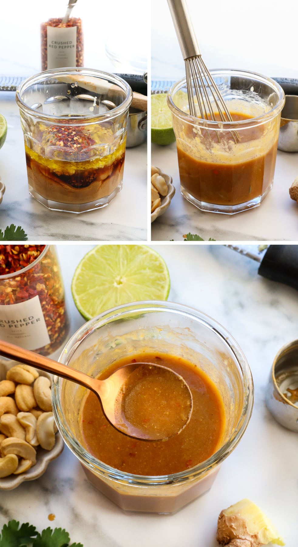peanut dressing mixed in a glass jar until smooth and creamy.
