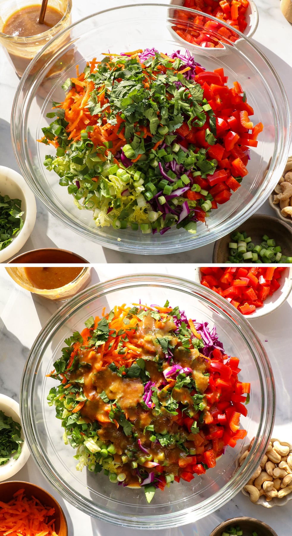 veggies added to a bowl and tossed with the peanut dressing.