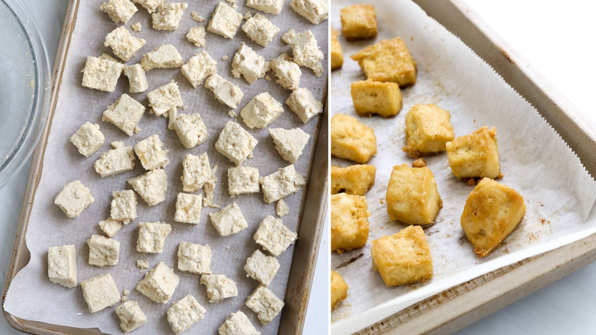 baked tofu on lined baking sheet.