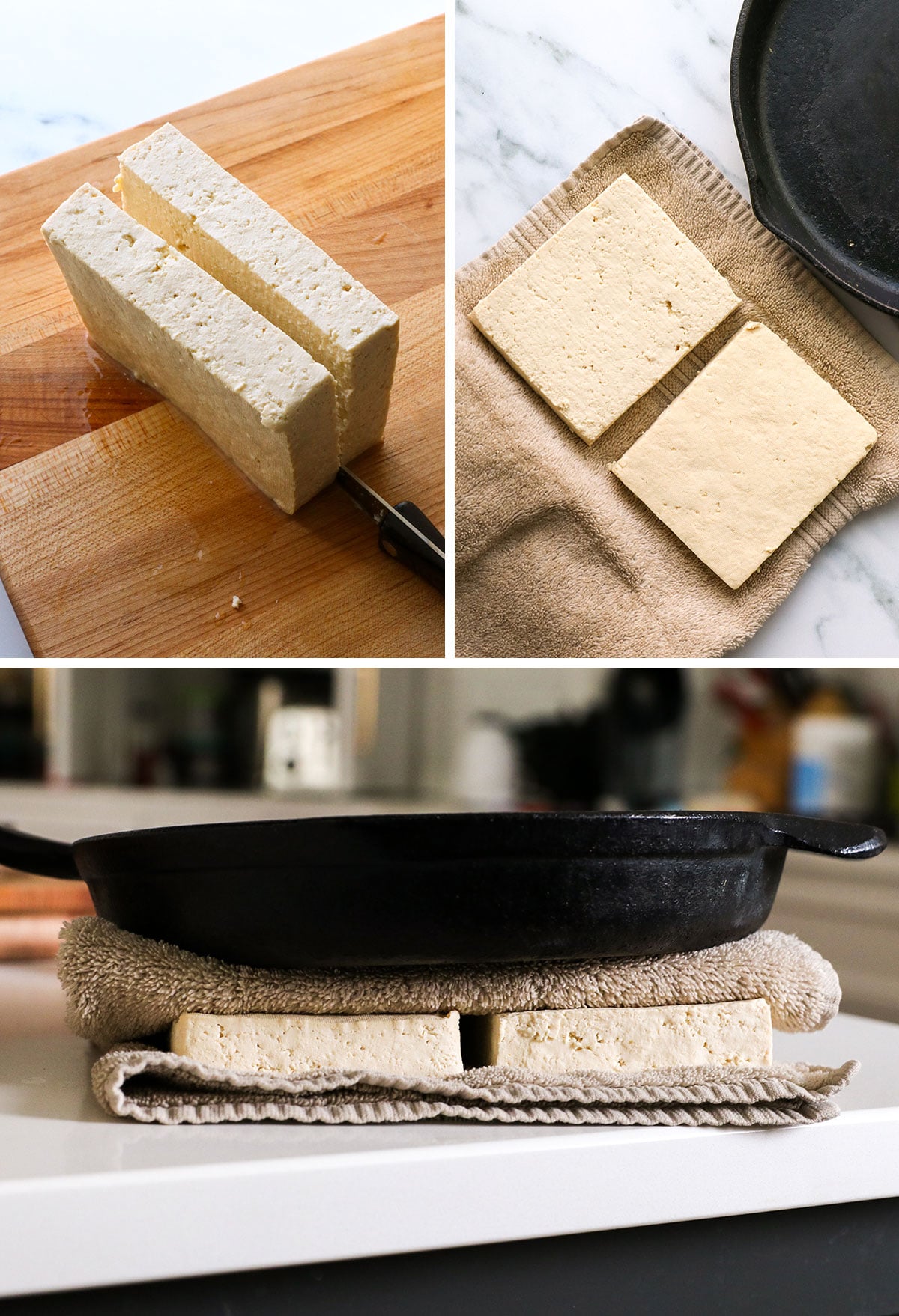 tofu sliced in half and pressed between towels.