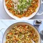 tofu and green onions scrambled into egg roll in a bowl pan.