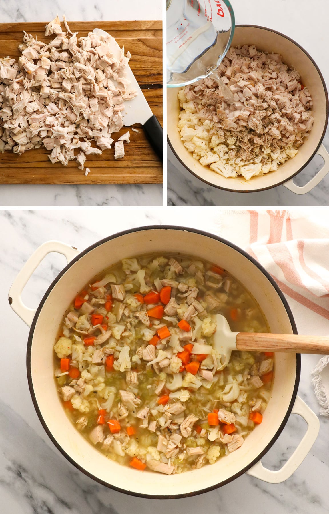 turkey added to soup with water and cauliflower.