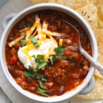bowl of turkey chili labeled for Pinterest.