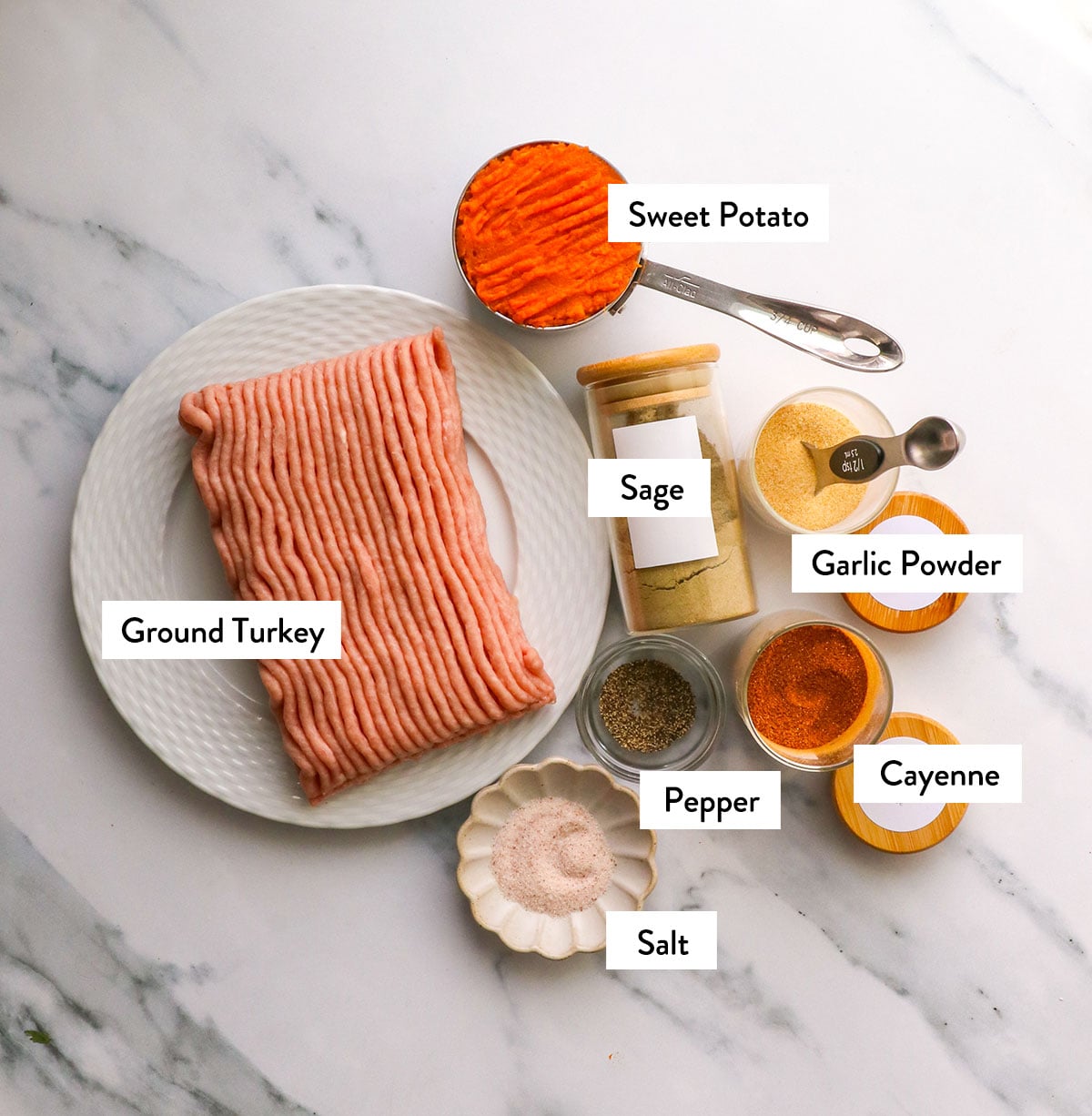 ground turkey, sweet potato, and spices labeled on a white surface. 