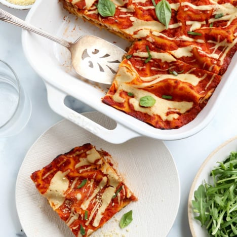 vegan lasagna sliced in pan